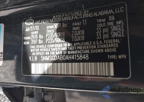 2010 Hyundai Santa Fe Gls z USA, uszkodzony, nr VIN 5NMSGDAB0AH415848